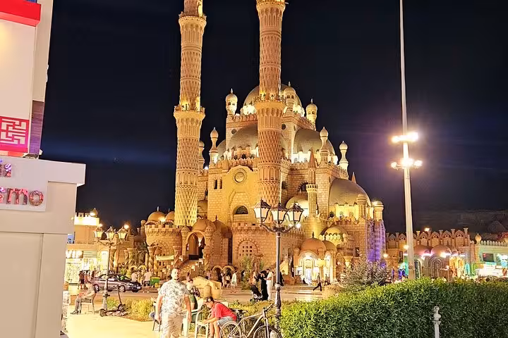 Al Sahaba Mosque illuminated at night in Sharm El Sheikh, highlight of a guided city sightseeing tour