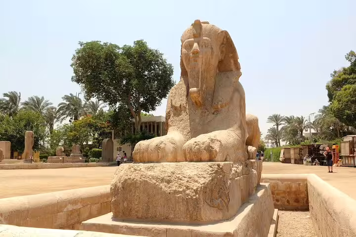 Alabaster Sphinx at Memphis open-air museum, key stop on Dahshur Pyramid and Memphis City Tour