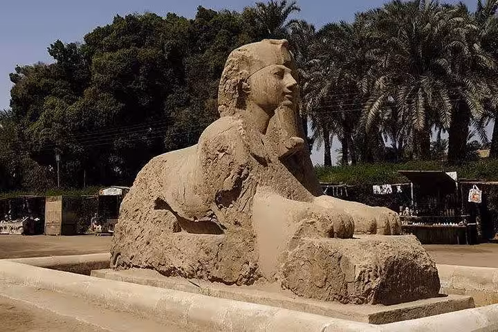 Alabaster sphinx statue in Memphis open-air museum on all-inclusive guided tour from Cairo to Giza and Saqqara