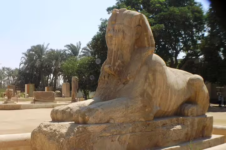 Alabaster sphinx statue inside Memphis museum, key stop on Dahshur Pyramid and Memphis City Tour in Egypt