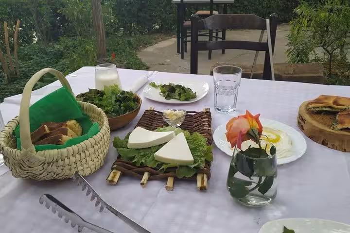 Traditional Albanian meal with fresh cheese, bread, and salad on a rustic outdoor table during a Berat food tour.