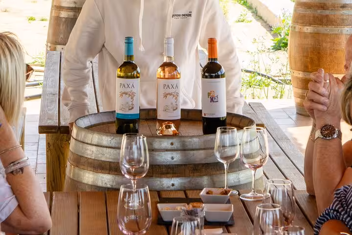 Wine tasting setup with three bottles on a barrel table at an Algarve winery tour.