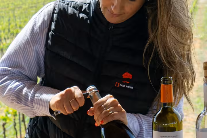 Tour guide opening a bottle of wine in an Algarve vineyard during the Full-Day Tour from Albufeira.