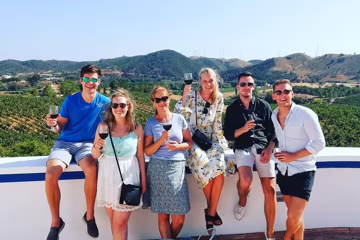 Smiling group enjoying wine with a stunning Algarve vineyard view on a full-day tour from Albufeira.