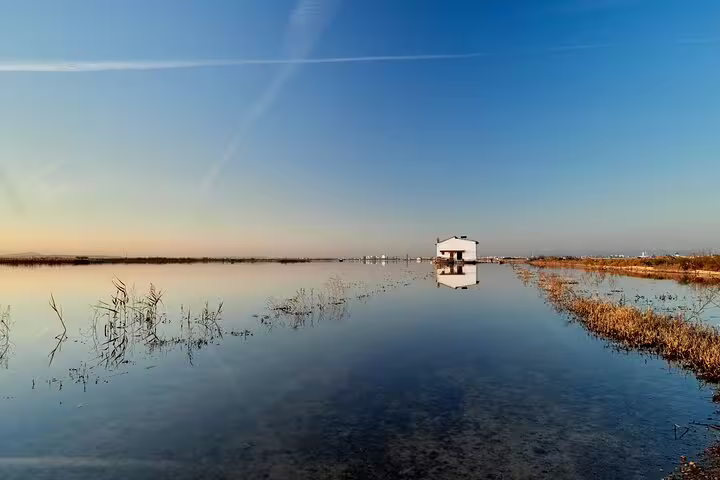 Stunning view of Albufera lagoon at sunrise with a solitary house reflecting on water, perfect for a serene nature trek.