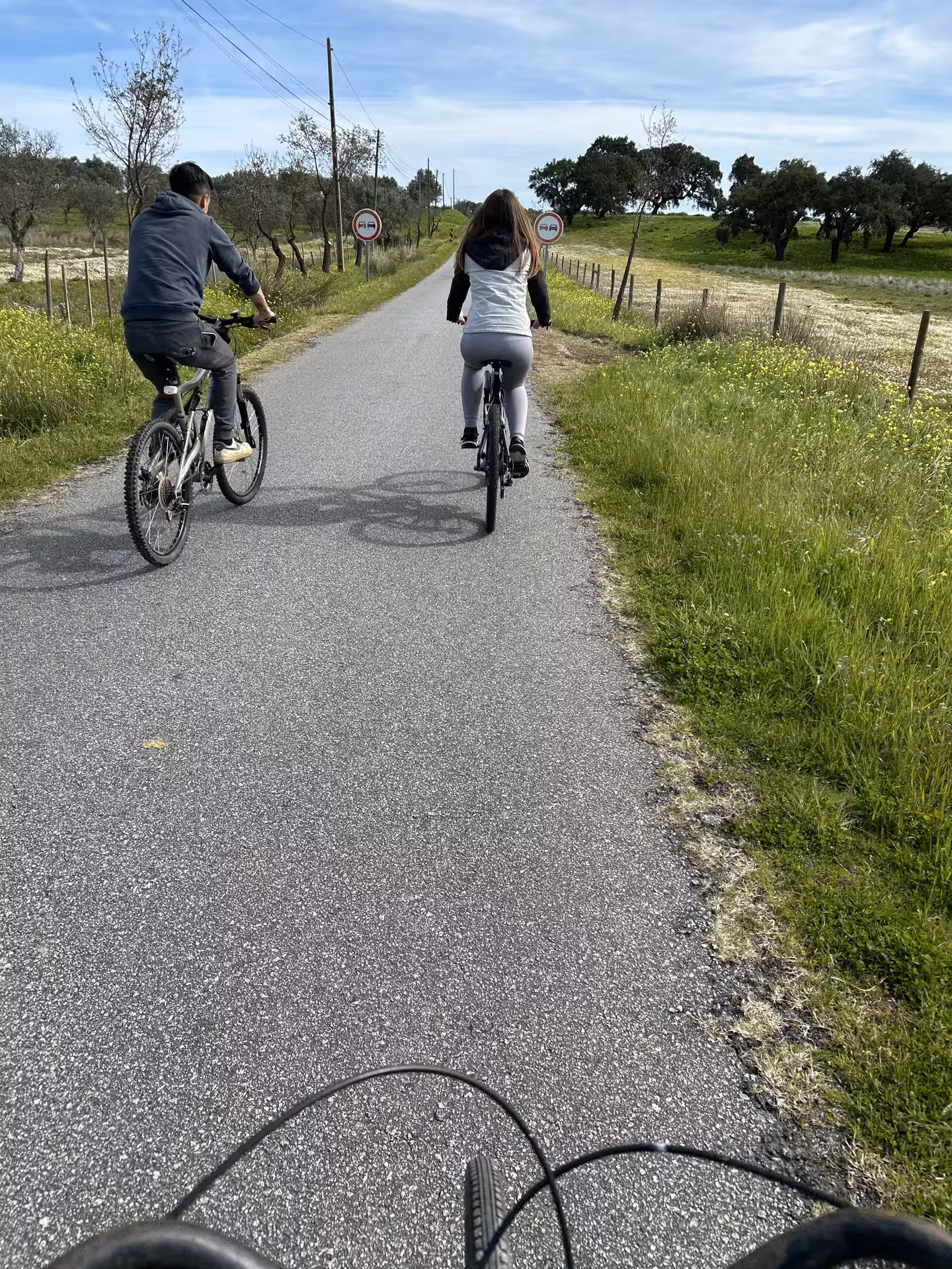 Cyclists enjoy a scenic ride through the picturesque landscapes of Alentejo Montado, surrounded by lush greenery.