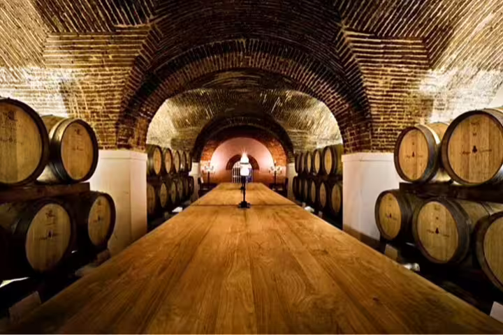 Rustic wine cellar in Alentejo with oak barrels, part of the Private Full Day Évora & Alentejo Wine Tour from Lisbon.