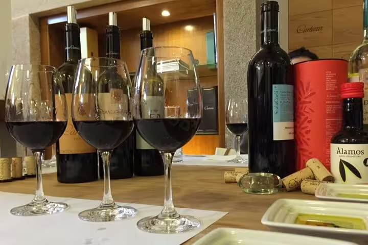 Wine tasting setup with red wine glasses and bottles at an Alentejo winery, part of the Evora wine tour from Lisbon.