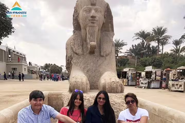 Travelers posing by the Great Sphinx of Giza on an accessible Alexandria to Abu Simbel wheelchair tour in Egypt