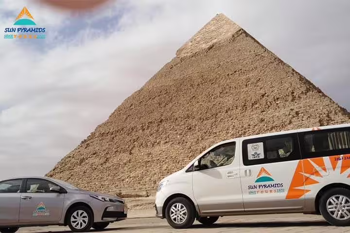Accessible Alexandria to Abu Simbel wheelchair tour vehicle with pyramid backdrop, Egypt private transfer
