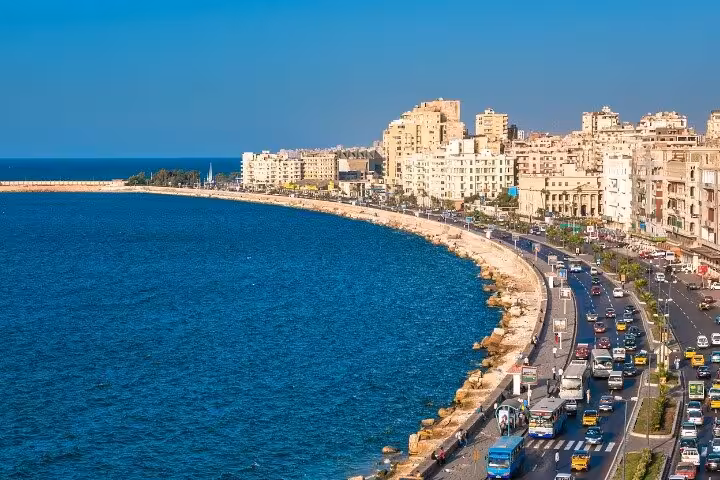 Alexandria Corniche seafront skyline and Mediterranean coast road, iconic view on Egypt coastal city tour