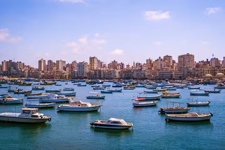 Alexandria harbor skyline with boats on the Mediterranean, private guided day tour from Cairo