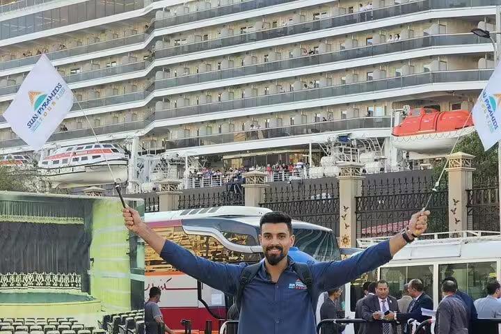 Guide greeting at Alexandria Port cruise terminal for private Giza Pyramids and Saqqara shore excursion tour