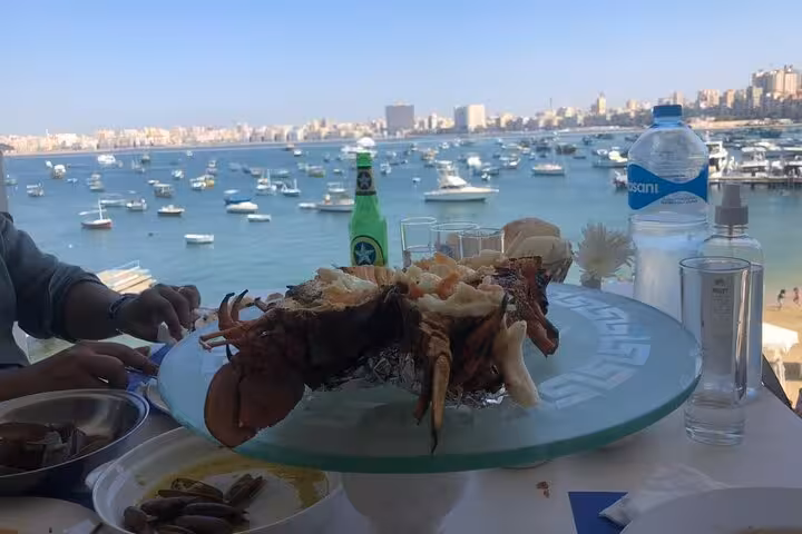 Seafood lunch with panoramic Alexandria harbor view, relaxing stop on private historical day tour from Cairo