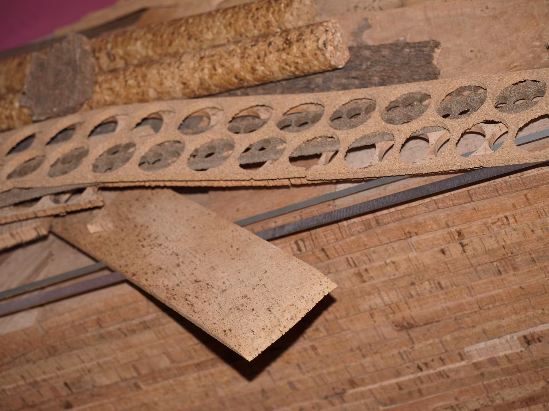 Cut and punched cork sheets in an Algarve workshop, illustrating Portugal’s artisanal cork production process