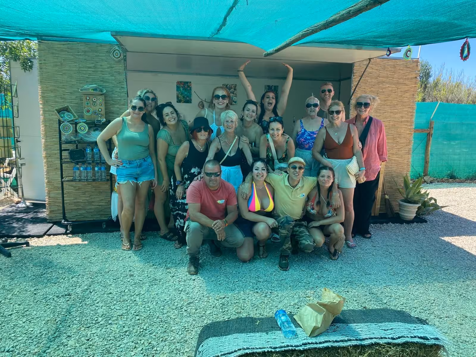 Happy group of friends posing together at rural stop on Algarve full day jeep safari with traditional lunch experience