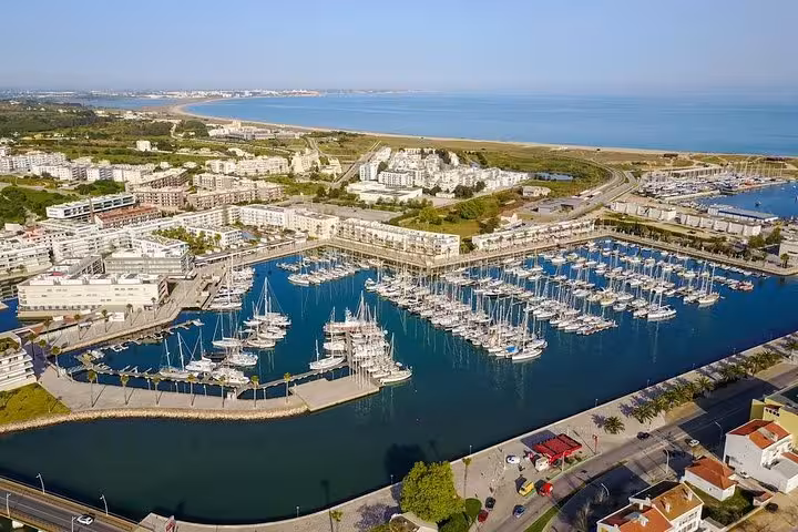 Marvel at the picturesque marina in Lagos, showcasing yachts and coastal views on an Algarve private tour.