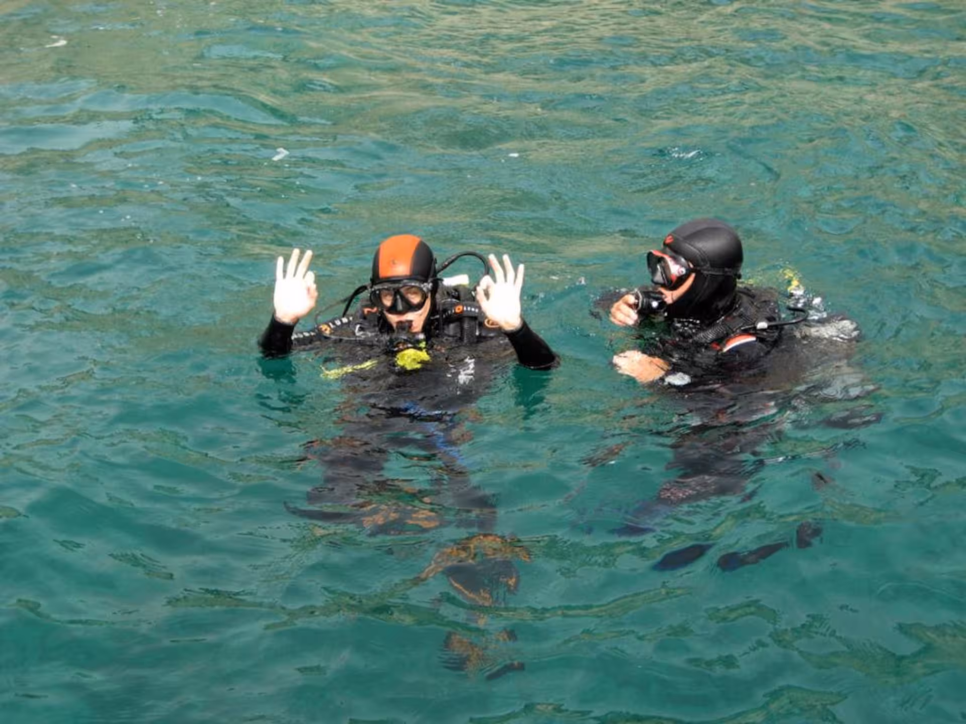 Two divers prepare for an exciting underwater adventure at Capo Caccia, perfect for experienced divers in Alghero.