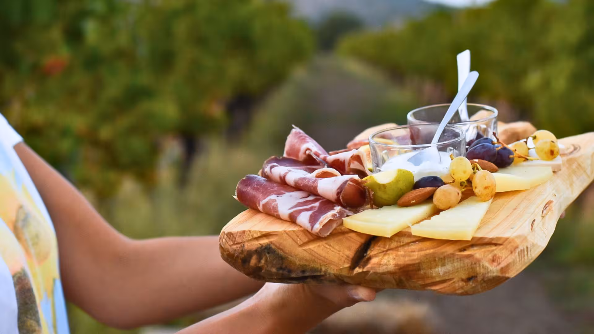 Charcuterie board with cheese, cured meats, and fruit held in a scenic Alghero vineyard setting.