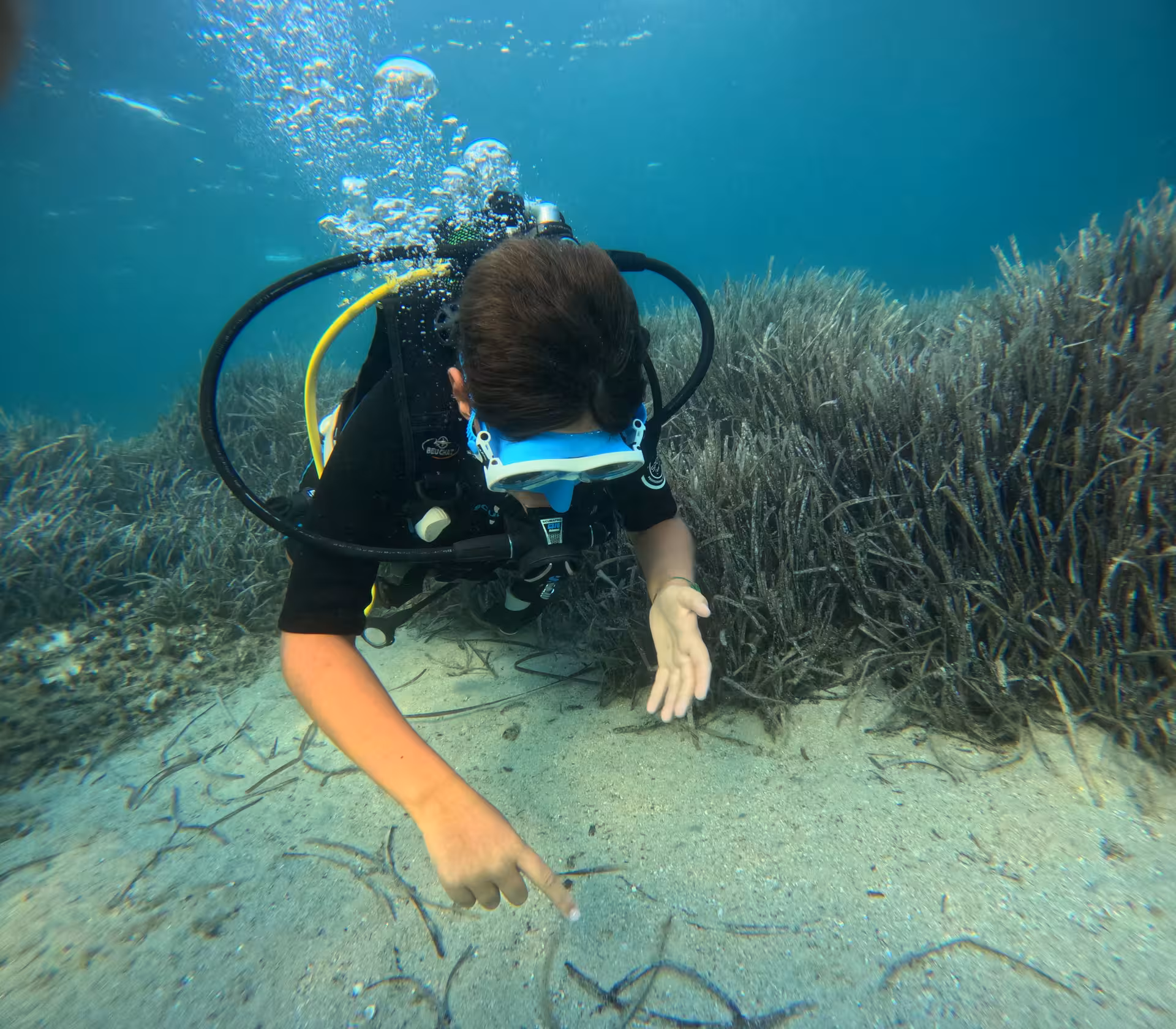 A diver closely examines the sandy seabed in Alghero, highlighting the hands-on experience of a diving baptism.