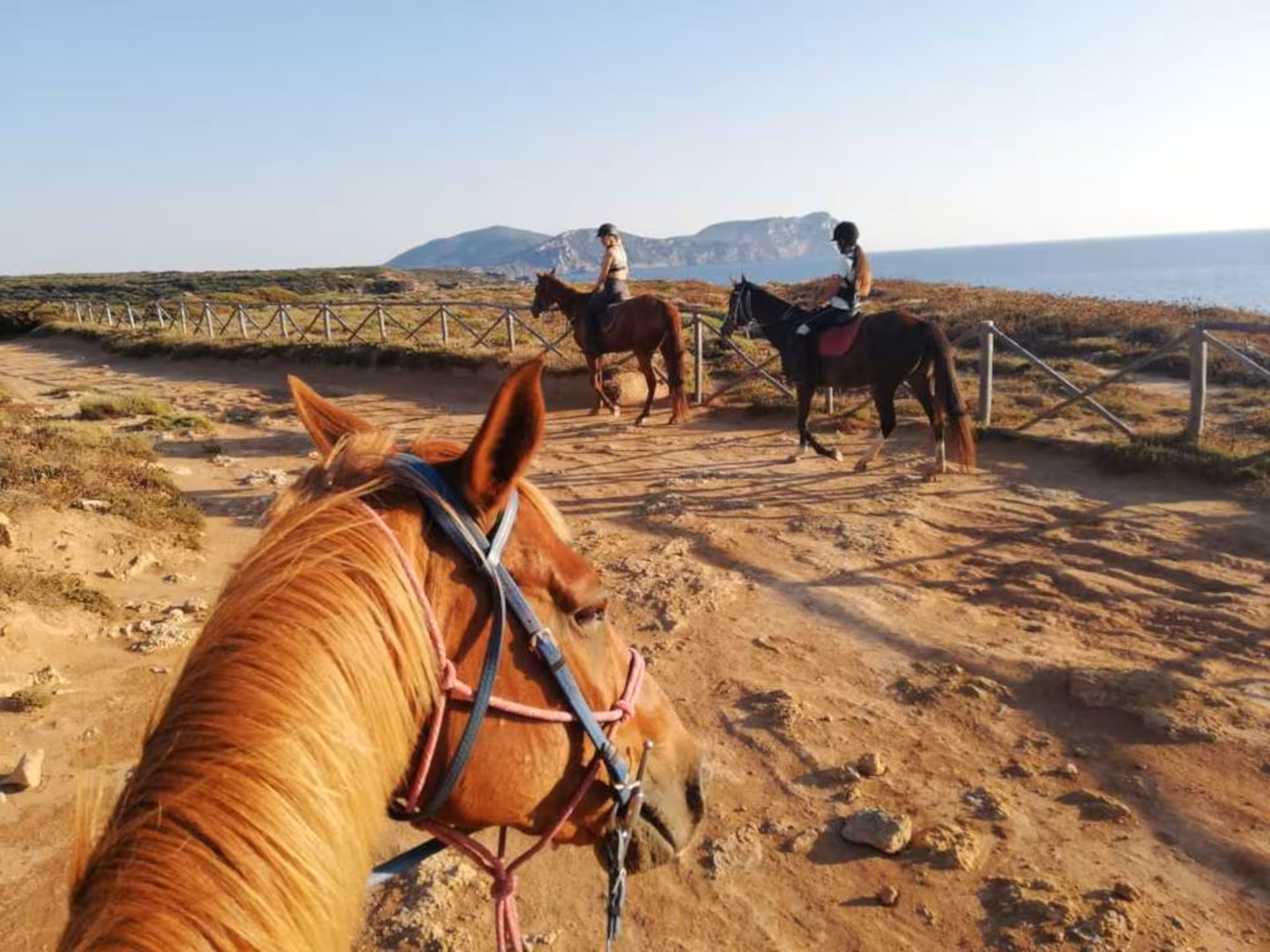 Horseback riders enjoying a sunset ride with ocean views on Porto Ferro trail in Alghero.