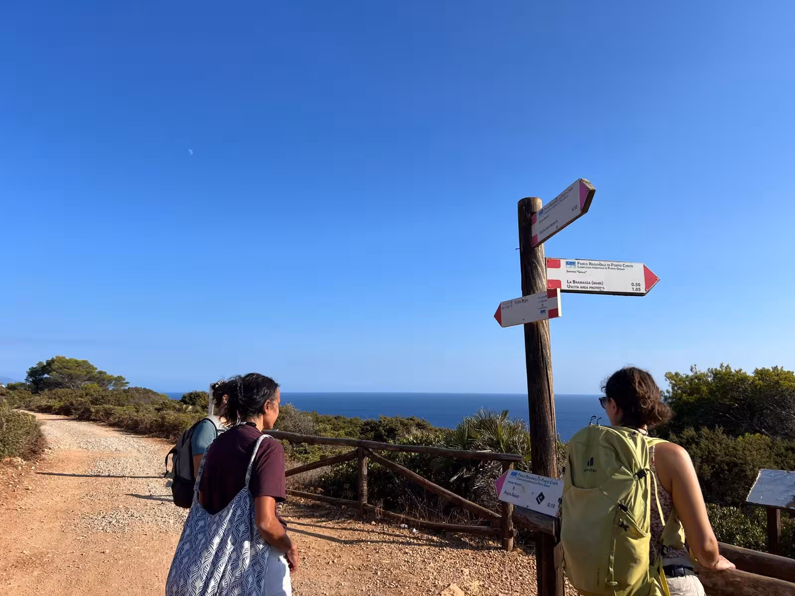Hikers explore scenic trails in Porto Conte Park, Alghero, with Mediterranean views and clear skies.