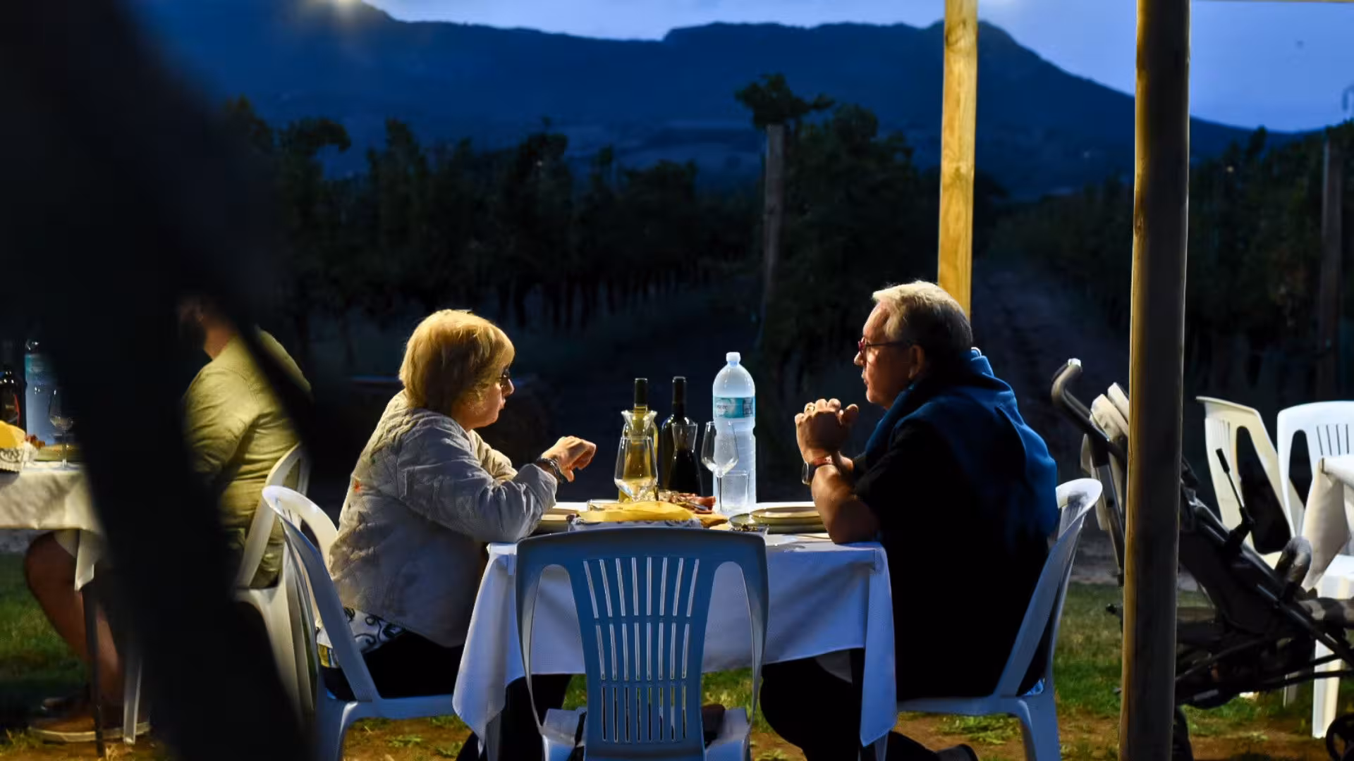 Couple enjoying intimate dinner in Alghero vineyard under moonlit sky, surrounded by serene nature.