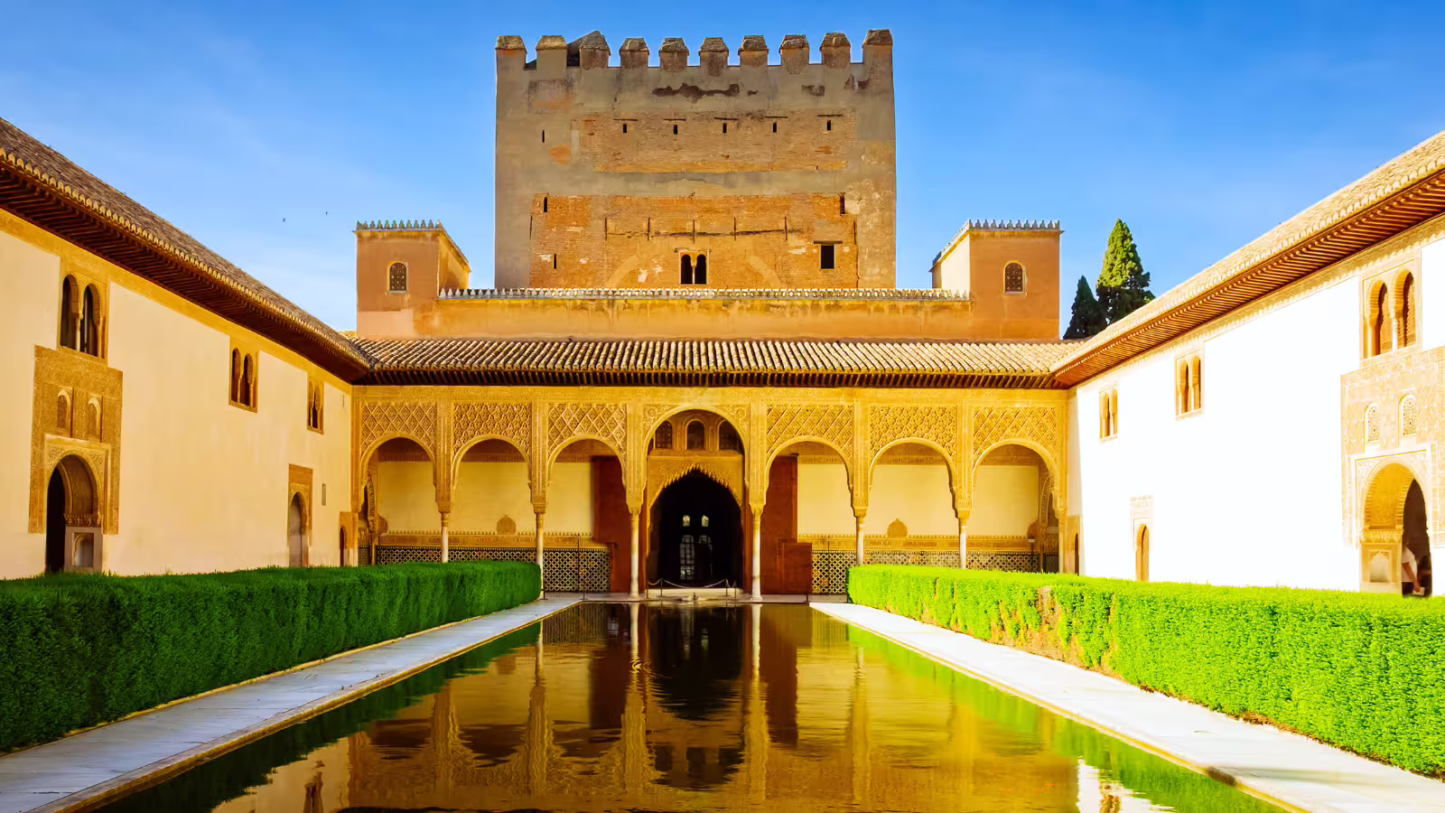 Alhambra private walking tour view of Court of the Myrtles reflecting pool and Comares Tower, Granada