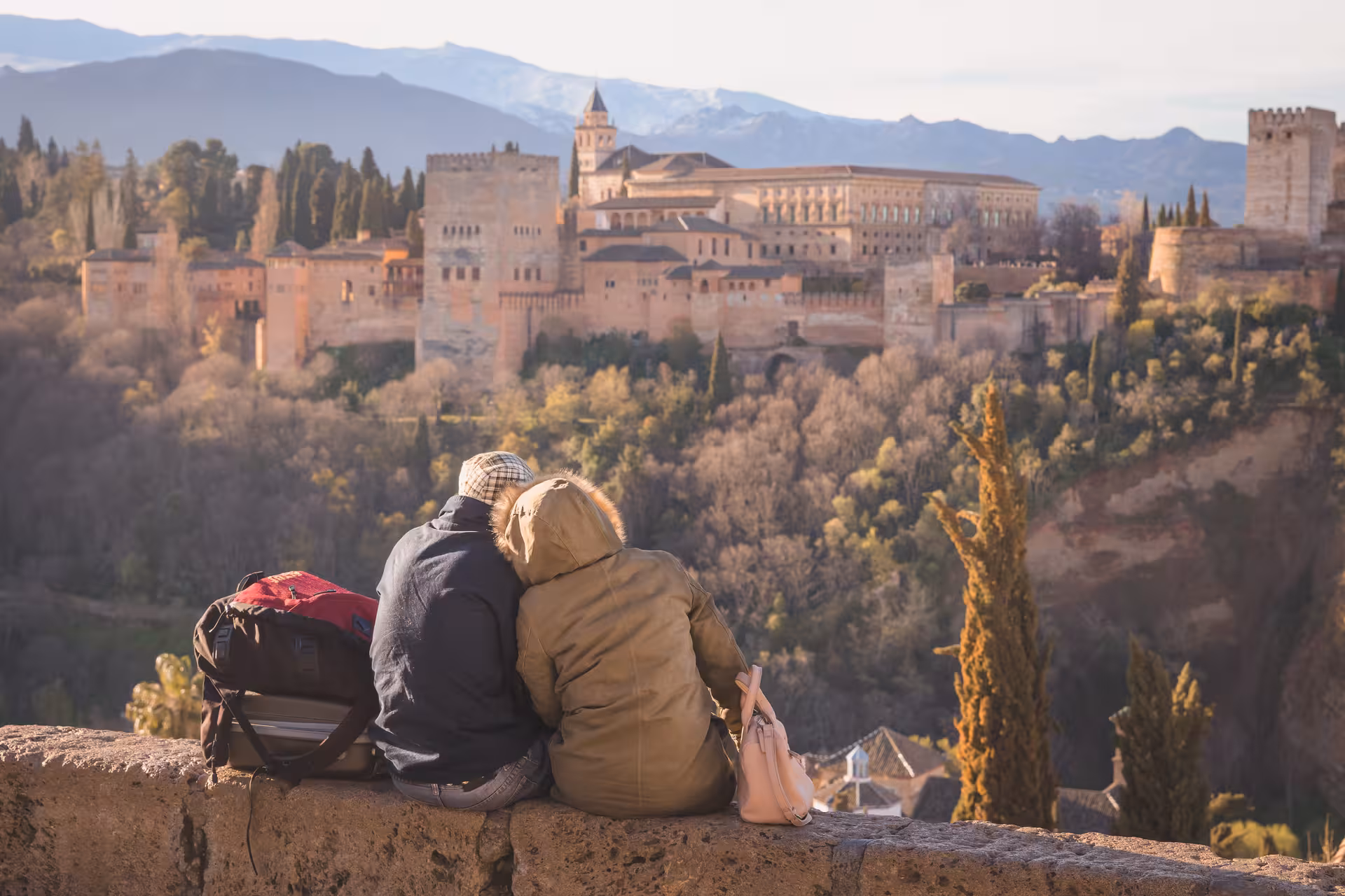 Couple enjoying a scenic view of the Alhambra from a hillside, perfect for a guided tour experience.