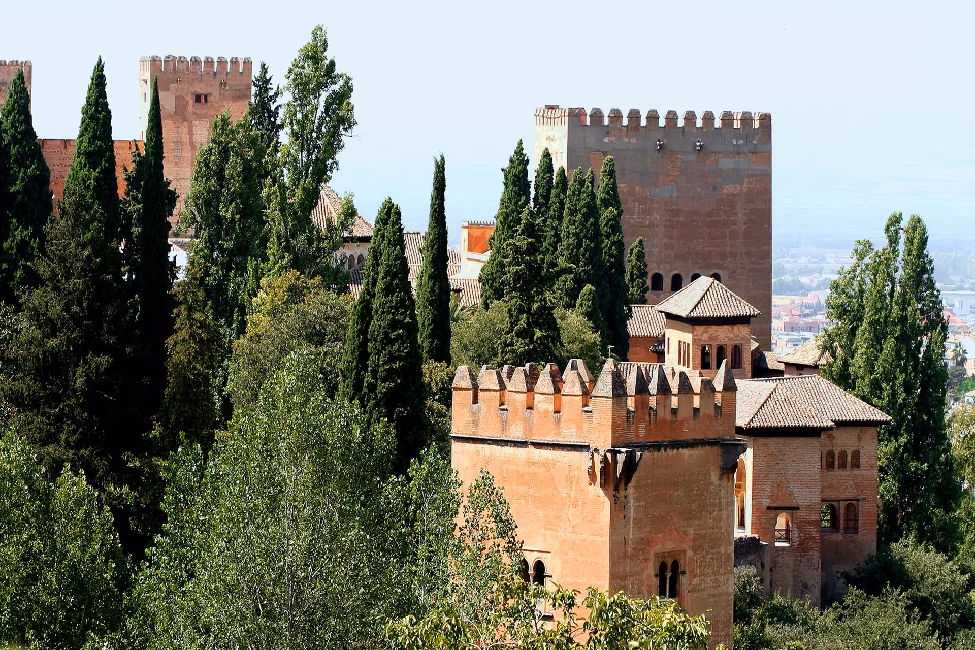 Discover the historic towers and lush greenery surrounding the Alhambra, a highlight of the Nasrid Palaces tour.