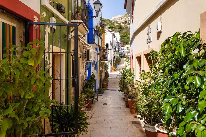 Charming narrow street in Alicante lined with vibrant plants and colorful buildings, perfect for a local guided city walk.