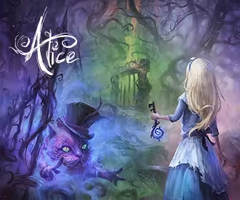 Alice-themed Escape Room 60' adventure with mysterious forest, Cheshire cat, and puzzle clues in Nice