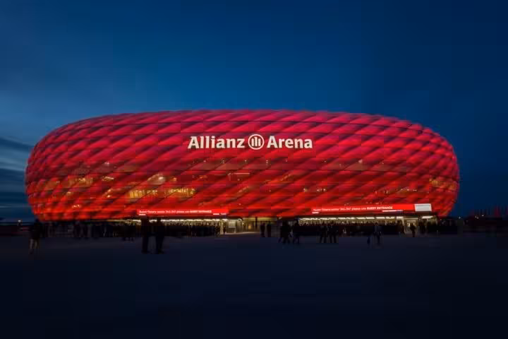 Allianz Arena in Munich at night, a highlight on a Vienna to Munich private transfer with Salzburg stop