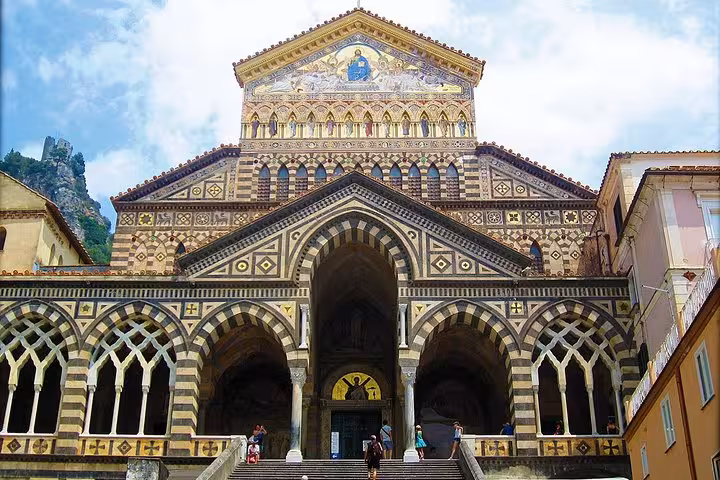 Stunning facade of Amalfi Cathedral with intricate Moorish and Romanesque designs on the Amalfi Coast tour.