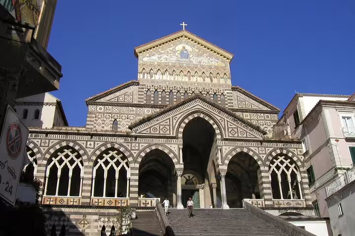 Amalfi Cathedral facade and grand steps in Amalfi on private tour from Naples to Pompeii, Sorrento and Amalfi