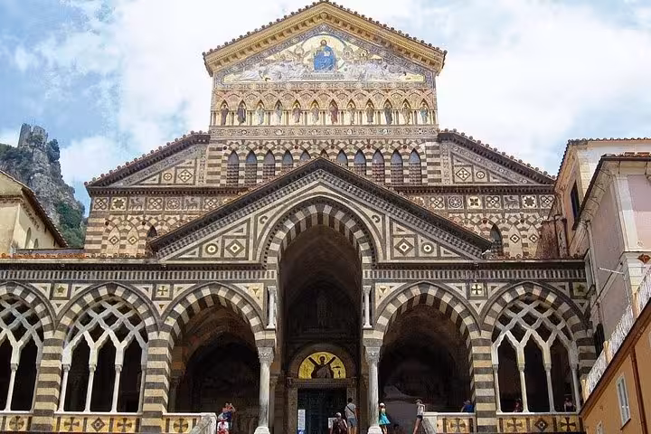 Stunning facade of Amalfi Cathedral, a highlight of the small-group minivan tour.