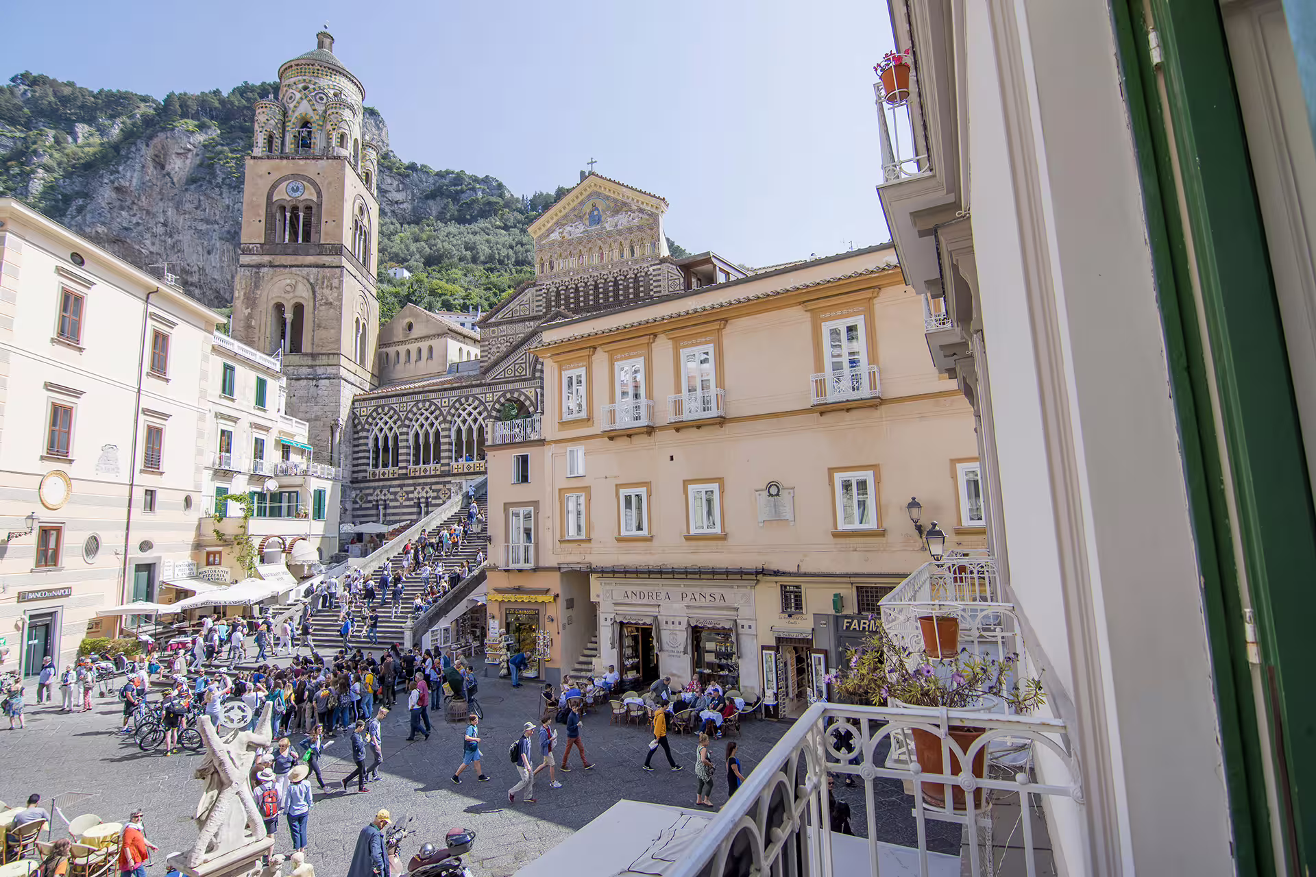 Amalfi Cathedral and bustling Piazza Duomo in Amalfi, highlight of Pompeii & Amalfi VIP small group tour