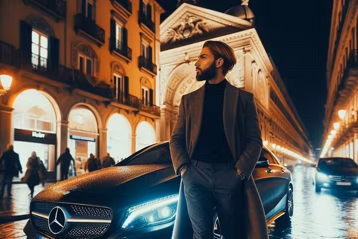 Stylish man in front of a luxury car on a lit street at night, capturing the essence of a sophisticated city tour.