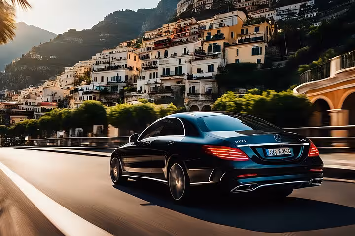 Elegant car driving along the picturesque streets of Positano on an exclusive local tour of the Amalfi Coast.