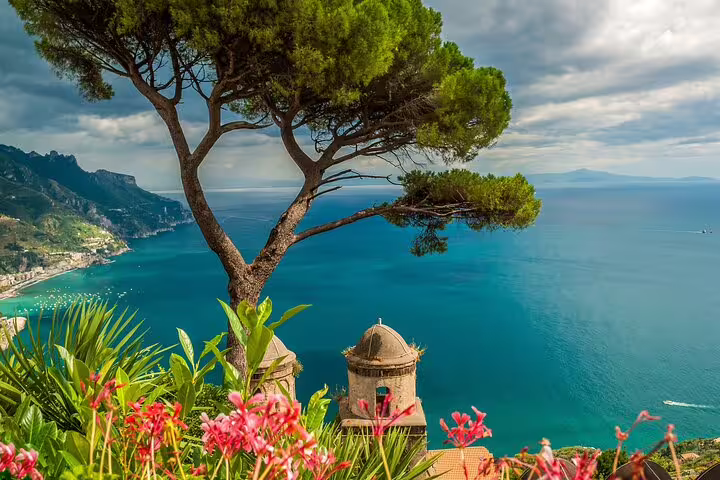 Panoramic Amalfi Coast view from Ravello gardens, sea cliffs and villas on VIP small group tour