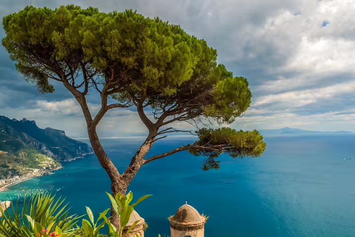 Amalfi Coast sea panorama from Ravello viewpoint on Naples group tour to Sorrento, Positano and Amalfi