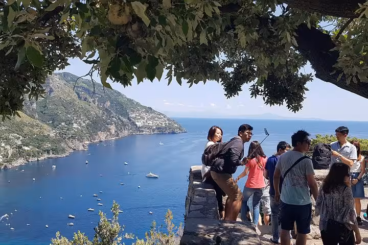 Travelers at scenic Amalfi Coast viewpoint near Ravello on a full-day Positano Sorrento tour from Rome