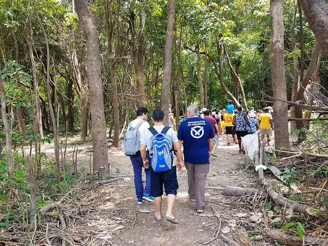 Group trekking along a jungle trail on a 6-day Amazon Jungle Adventure Tour, guided rainforest hike experience