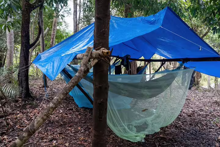 Rustic hammock under blue tarp in Amazon jungle campsite, showcasing authentic outdoor experience at Tapiri Lodge.