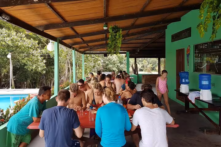 Group meal at an Amazon jungle lodge near the pool, shared dining on the Good Morning Amazon 1-night tour