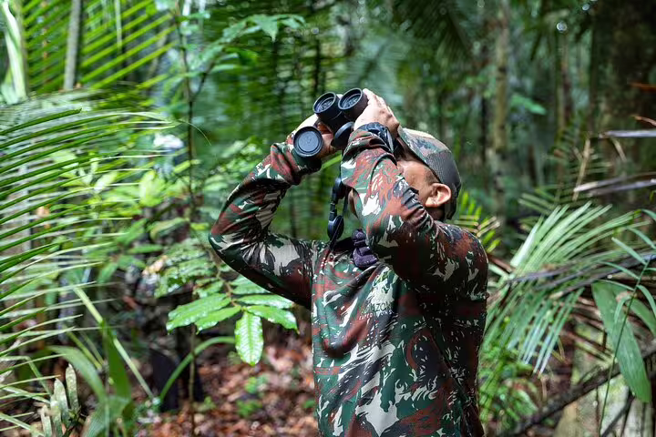 Explorer in camouflage observing the Amazon canopy with binoculars during a deep jungle survival trip.