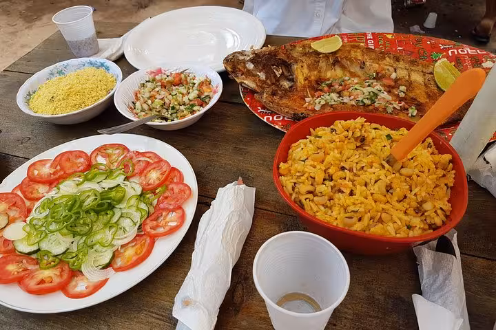 Traditional Amazon lunch with fried fish, farofa, vinaigrette and salad on Anavilhanas jungle trek tour