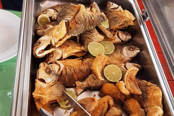 Amazon lunch buffet with fried river fish and lime, typical meal on Indian Village and Meeting of the Waters tour