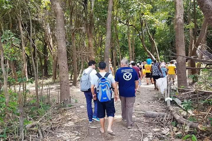 Group hiking along a jungle trail on an Amazon Forest 4-hour trekking tour with local guide and backpacks
