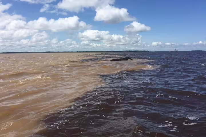 Stunning confluence of brown and dark waters in the Amazon River near Tapiri Floating Lodge tour.